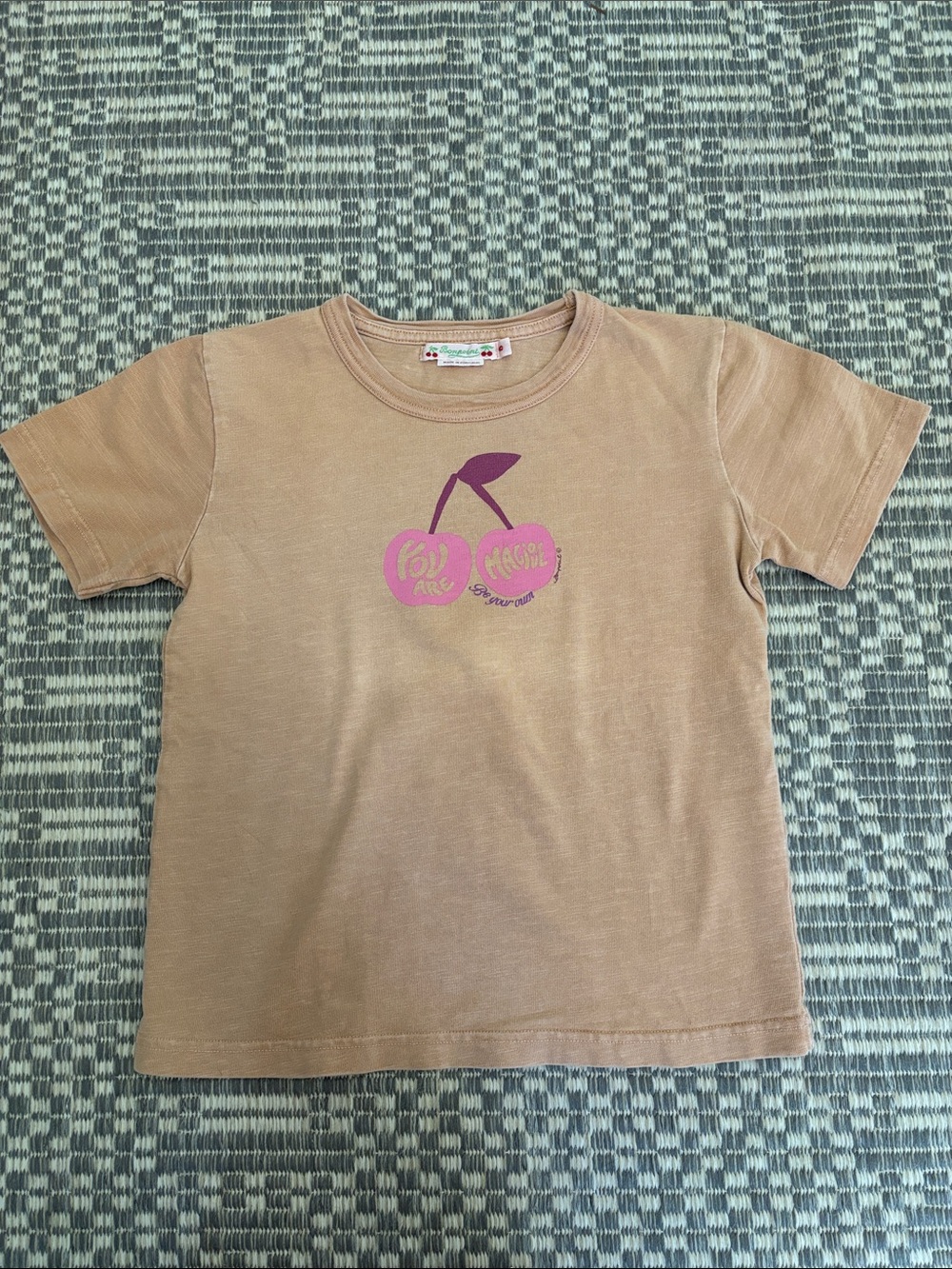 Girls Bonpoint Tan Short-Sleeve Tee with Pink Cherry Graphic